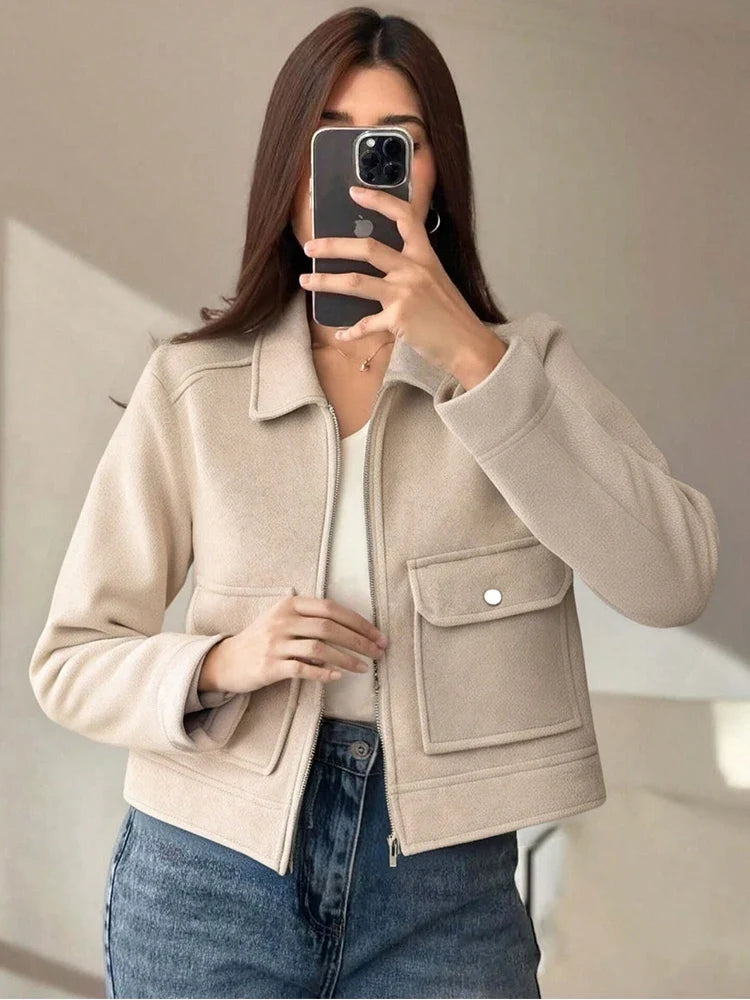 Short Jacket with Zipper and Flap Pockets