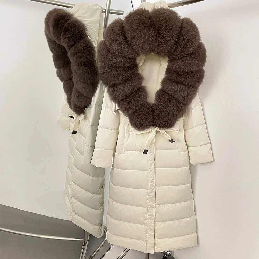 Damen Winter Steppmantel Lang mit Kunstfellkragen Bindegürtel