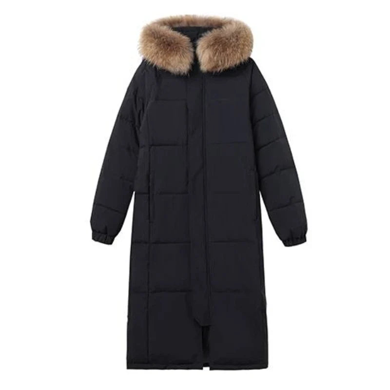 Long padded coat with hood and faux fur trim for men