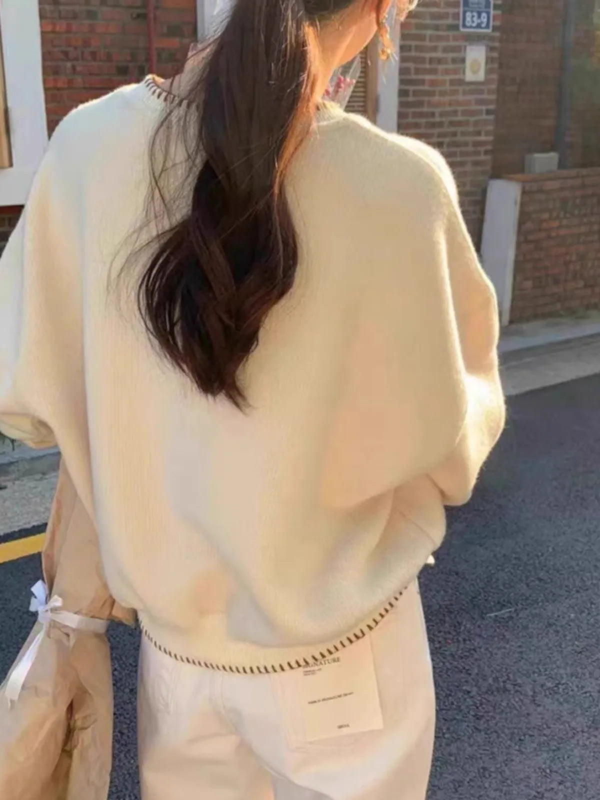 Women's Knit Sweater with Contrasting Trim - Crewneck Long-Sleeve