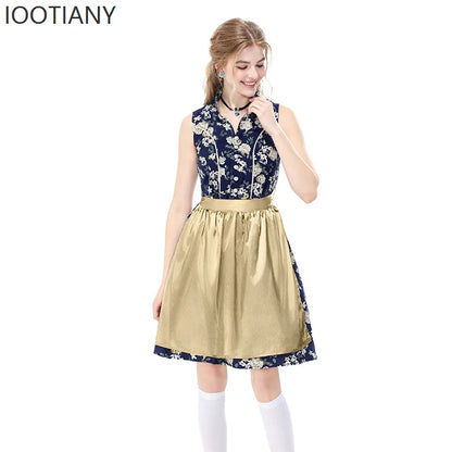 Women's dirndl mini dress with floral pattern, sleeveless blouse, and apron