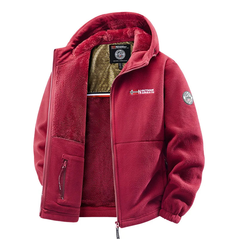 Men's lined fleece jacket with hood and zip closure