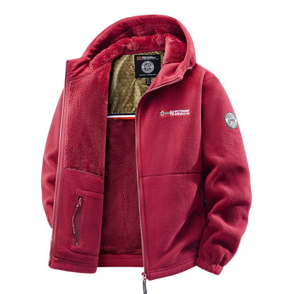 Men's lined fleece jacket with hood and zip closure