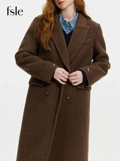 Women's long double-breasted coat with notched lapel