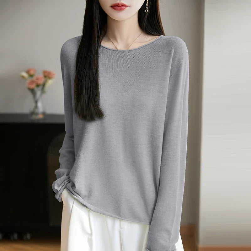 Damen Langarmshirt Rundhals Feinstrick Pullover Violett