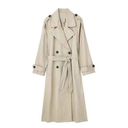 Damen Trenchcoat Lang mit Gürtel Zweireihig Klassischer Übergangsmantel Beige Grün