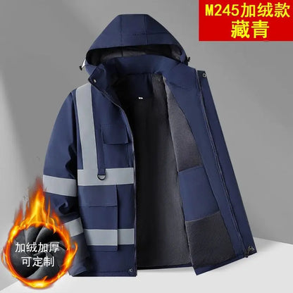 Men's winter work jacket with fleece lining, reflective stripes, and hood