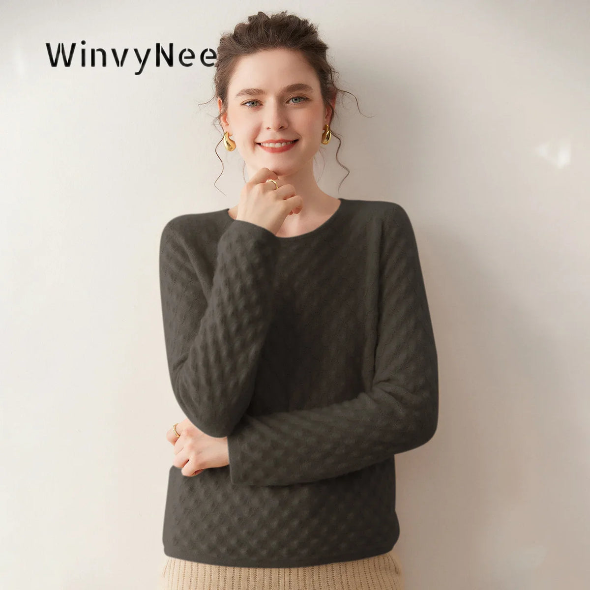 Damen Pullover Rundhalsausschnitt Langarm Strickpullover Strukturiert