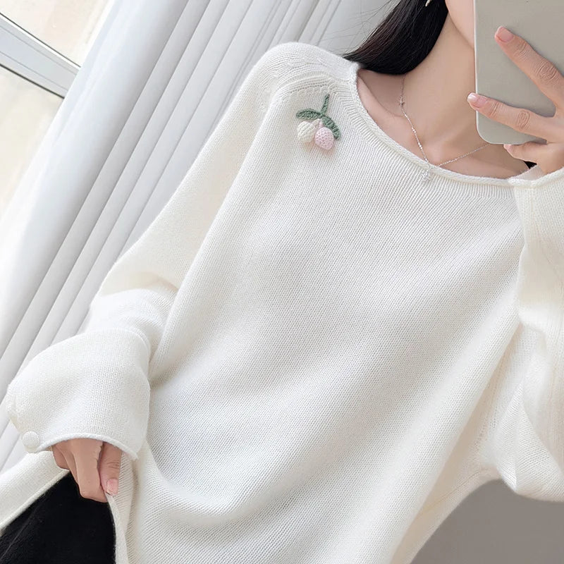 Women's Crew-Neck Long-Sleeve Sweater with Fruit Appliqué and Soft Knit
