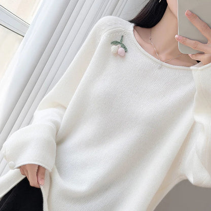 Women's Crew-Neck Long-Sleeve Sweater with Fruit Appliqué and Soft Knit