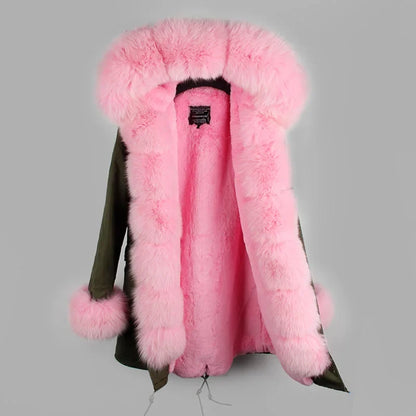 Women's winter parka with pink faux fur lining & hood