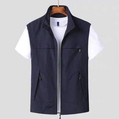 Men's vest with stand-up collar, zipper, and multiple pockets