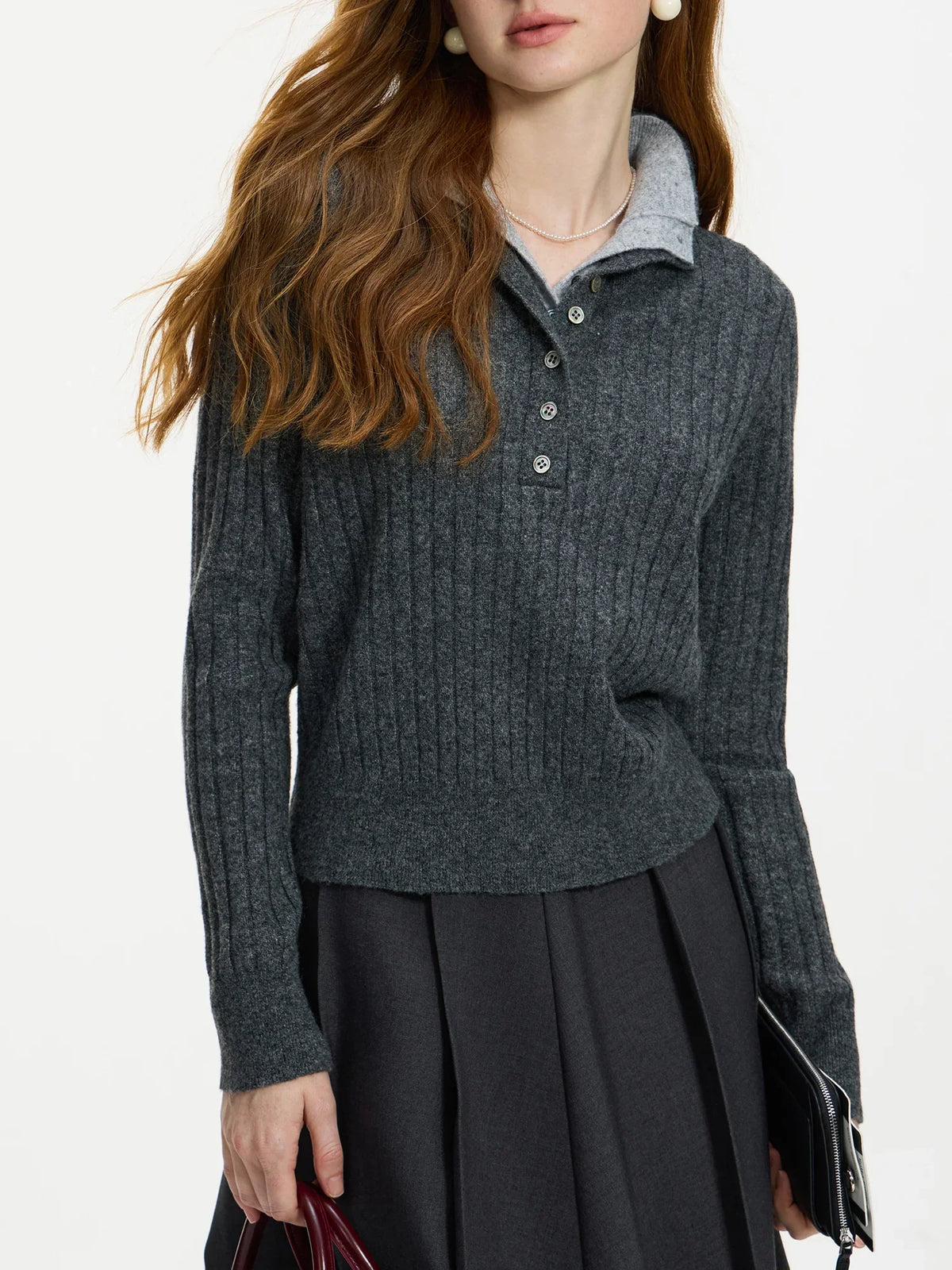 Gerippter Pullover Damen Dunkelgrau mit Polokragen & Knopfleiste