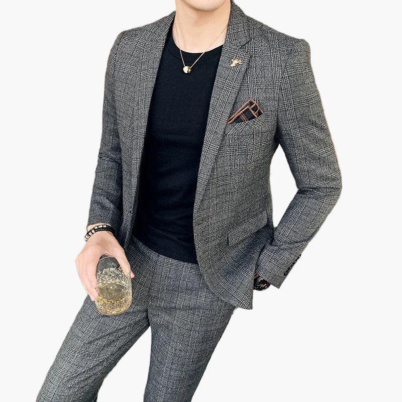 Men's Modern Business Suit Set – Elegant Checked Look for Office and Special Occasions