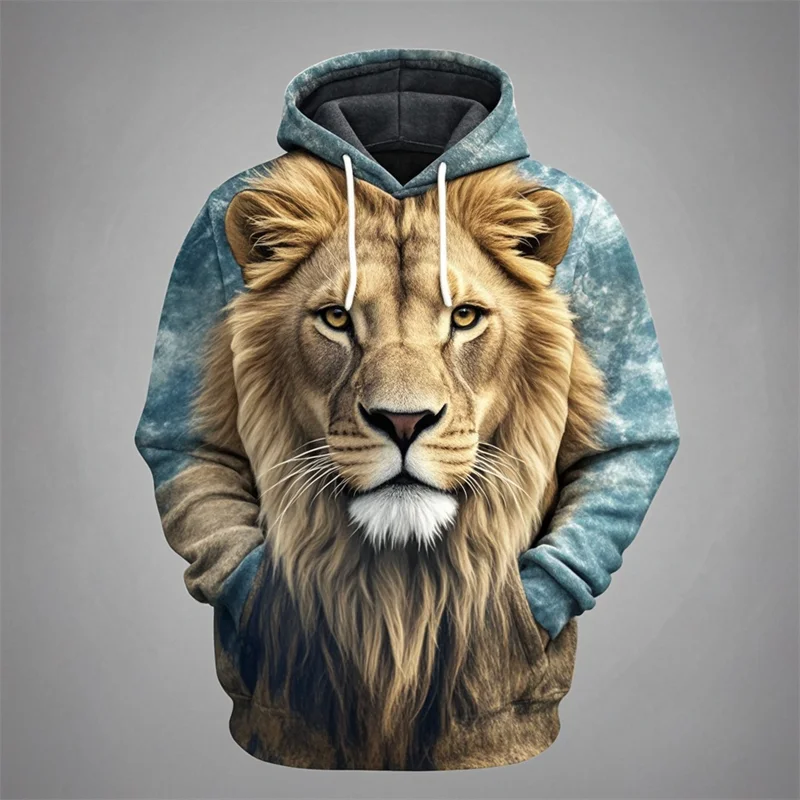 Hoodie with lion head print, beige/brown