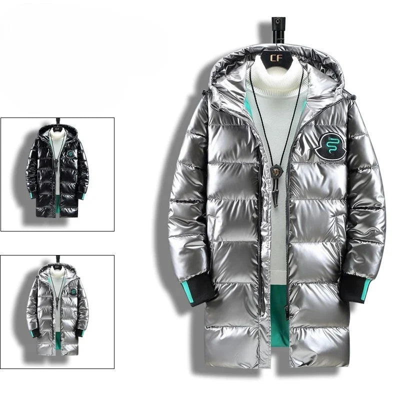 Shiny men's winter coat with hood – Black or silver-gray
