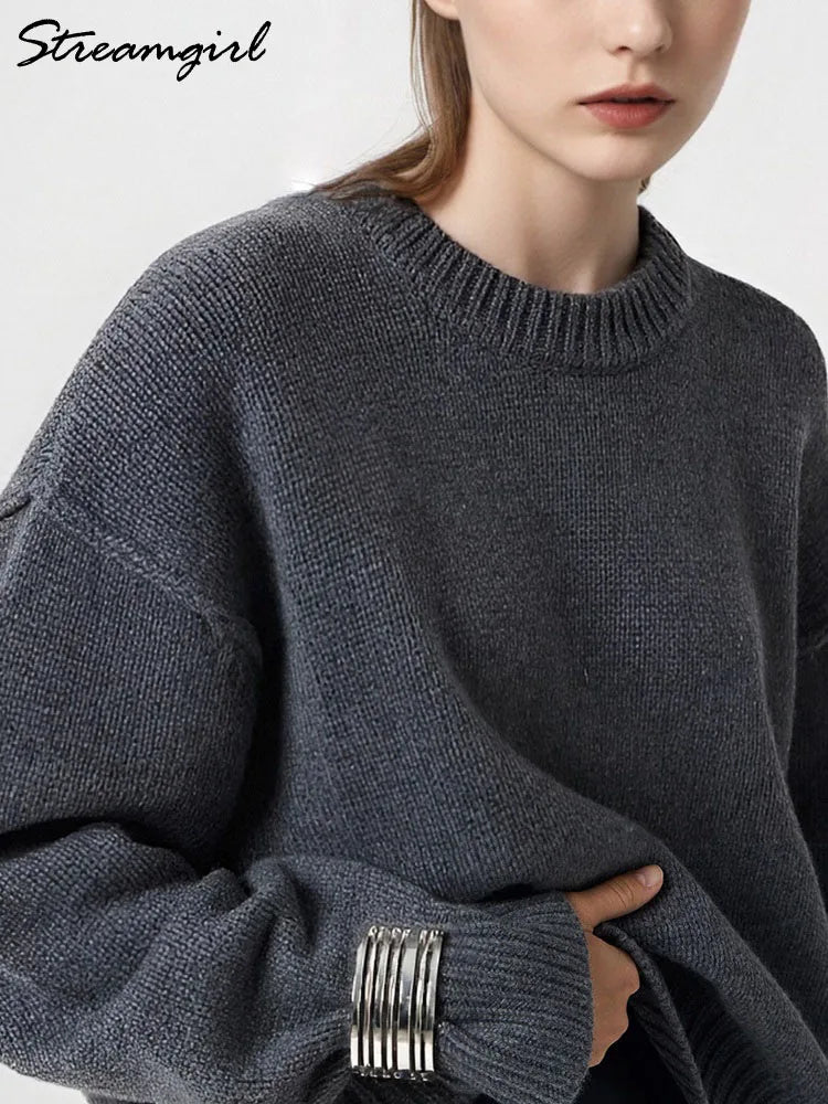 Women's Soft Oversized Crew Neck Long-Sleeve Knit Sweater Yellow