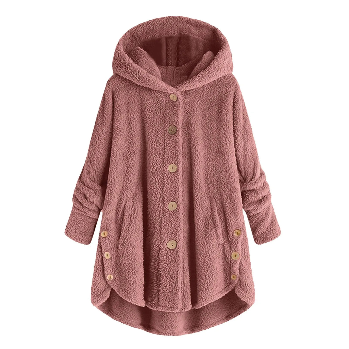Damen Fleecejacke mit Kapuze Teddy-Optik Langarm Knopfleiste unregelmäßigem Saum
