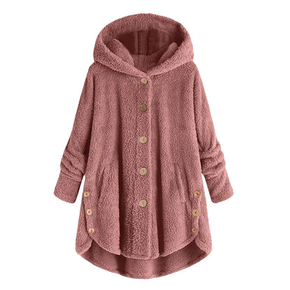 Damen Fleecejacke mit Kapuze Teddy-Optik Langarm Knopfleiste unregelmäßigem Saum