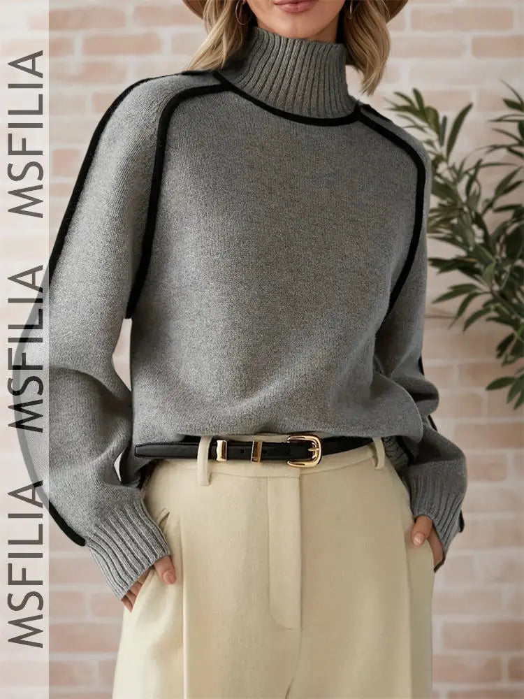 Damen Rollkragen Pullover Strickwaren mit Kontrastnähten Langarm