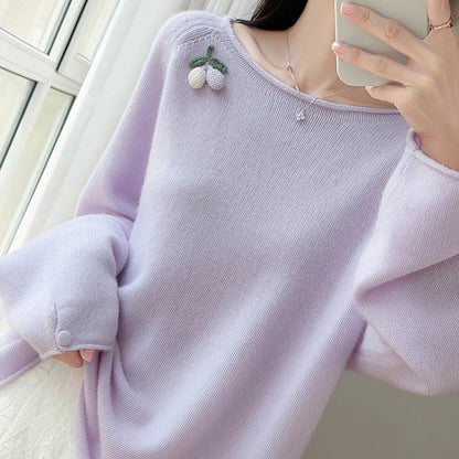 Women's Crew-Neck Long-Sleeve Sweater with Fruit Appliqué and Soft Knit