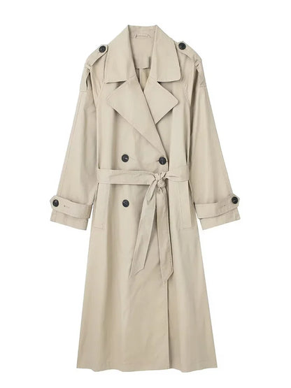 Damen Trenchcoat Lang mit Gürtel Zweireihig Klassischer Übergangsmantel Beige Grün