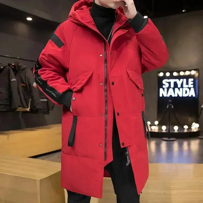 Men's long winter coat with hood and zipper, padded, black