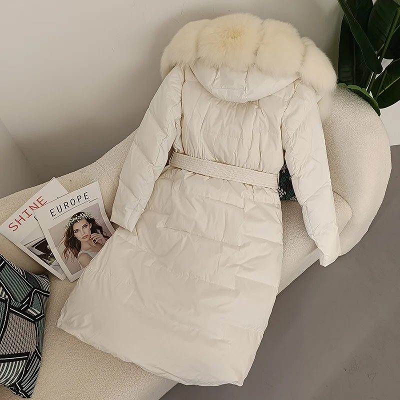 Damen Daunenmantel mit Pelzkapuze und Bindegürtel, gepolstert, lange Winterjacke