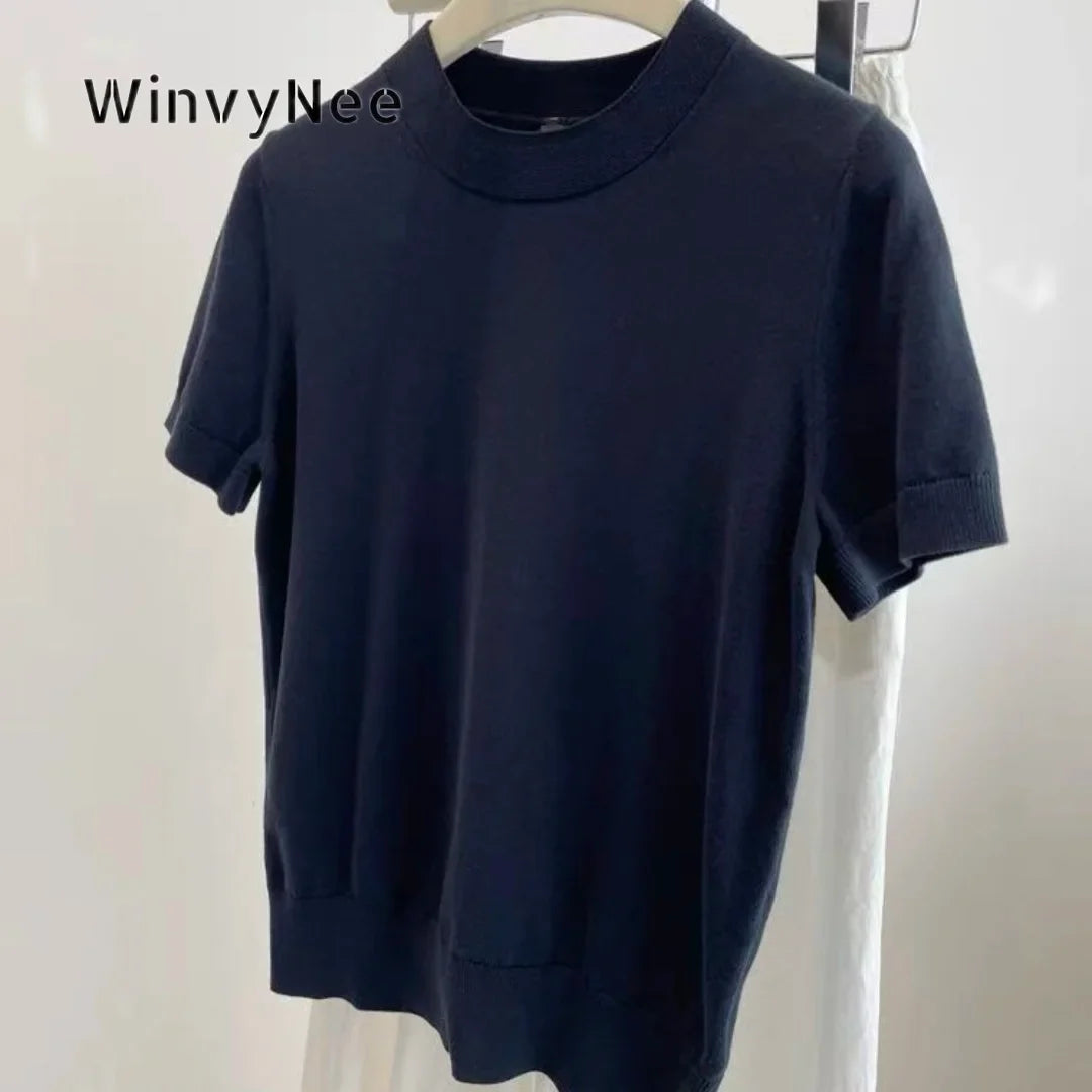 Kurzarm Strickpullover Damen - Gerippter Rundhals Ausschnitt