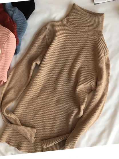 Ribbed women's basic long-sleeved turtleneck sweater