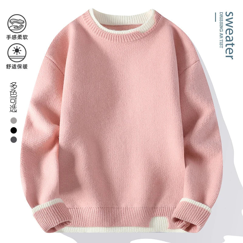 Unisex Two-Tone Crew-Neck Knit Sweater Pink Beige Black Gray Khaki Blue
