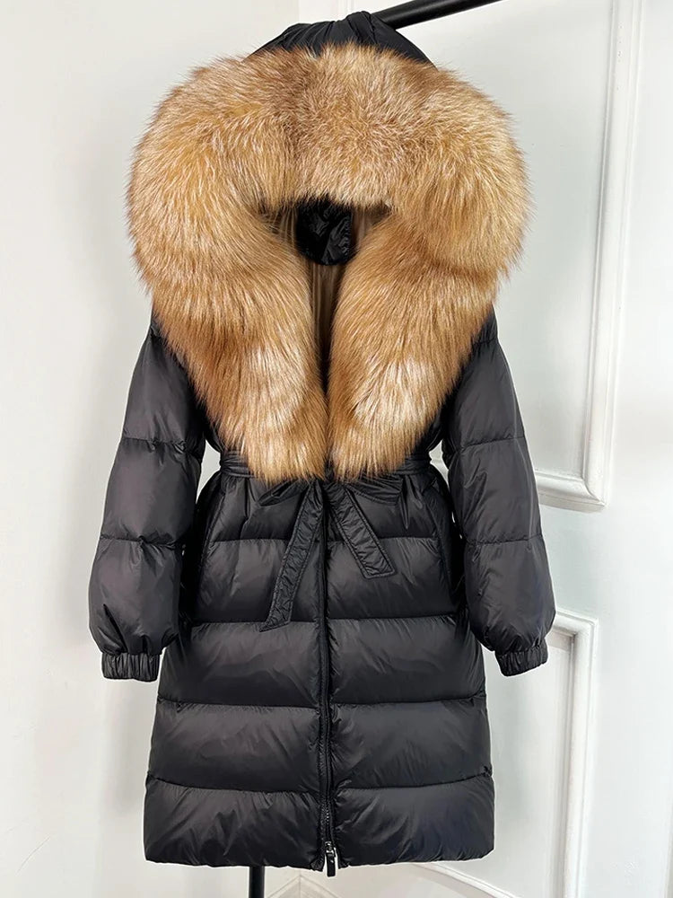 Women's black down coat with fur hood, long winter coat, belt, warm jacket