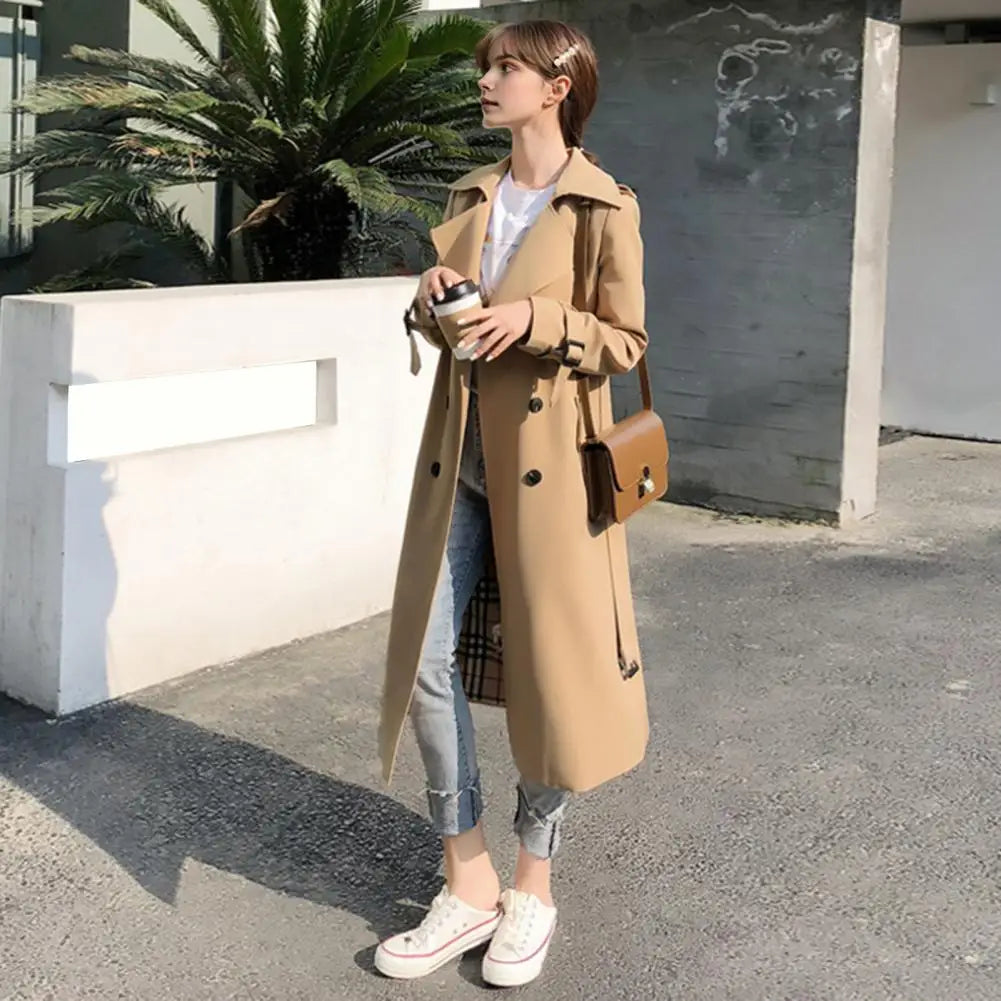 Eleganter Damen Trenchcoat mit Gürtel und Doppelreiher, langer Mantel für Übergang