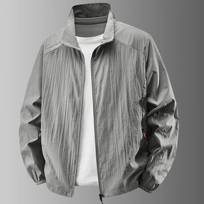 Lightweight men's windbreaker jacket with stand collar and zipper