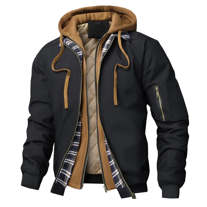 Men's bomber jacket with hood, quilted lining and checkered pattern, black