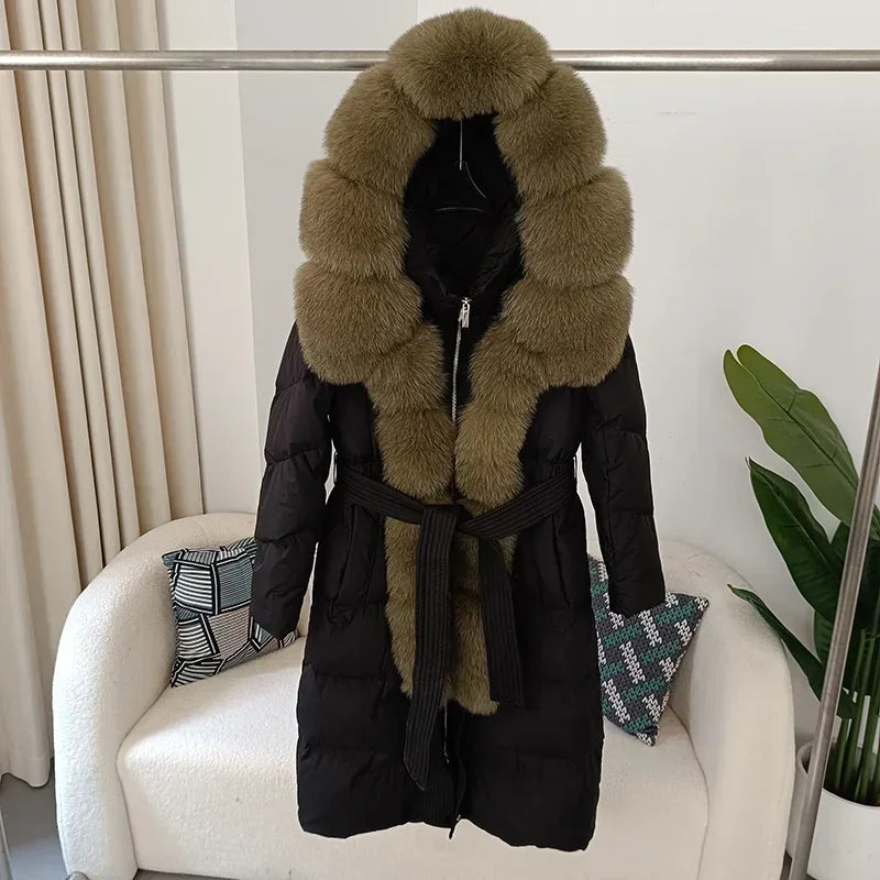 Damen Daunenmantel mit Pelzkapuze und Bindegürtel, gepolstert, lange Winterjacke