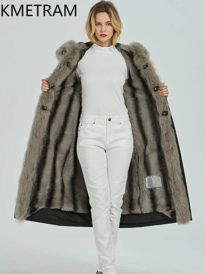 Damen Winterparka Lang Schwarz mit Kunstfellfutter und Kapuze