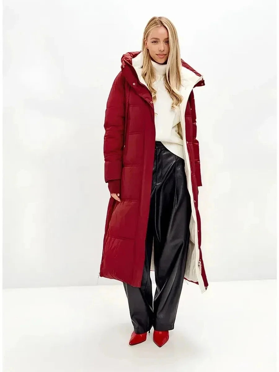 Long quilted coat with hood in red-burgundy