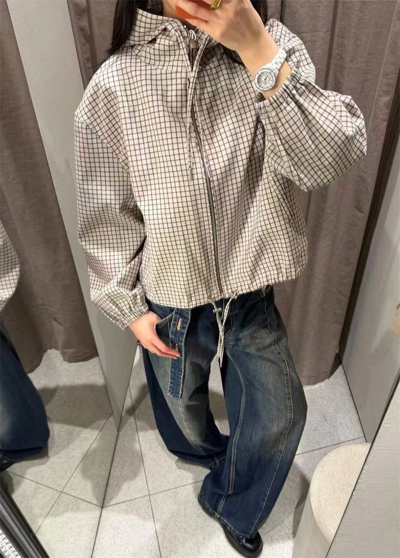 Damen karierte Kapuzenjacke cropped mit Reißverschluss