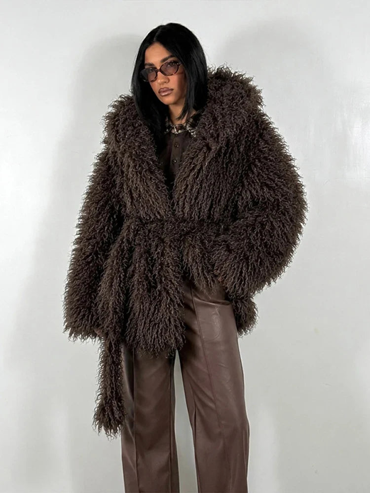 Women's fluffy hooded jacket with tie belt shaggy look