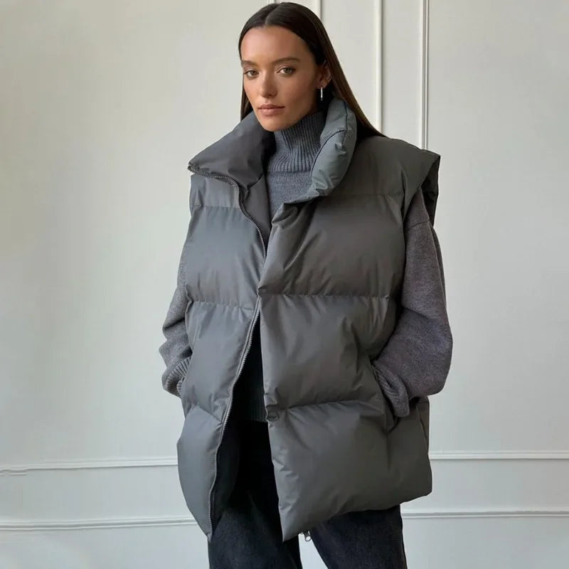 Women's Puffer Vest Stand-Up Collar Gray Black Apricot