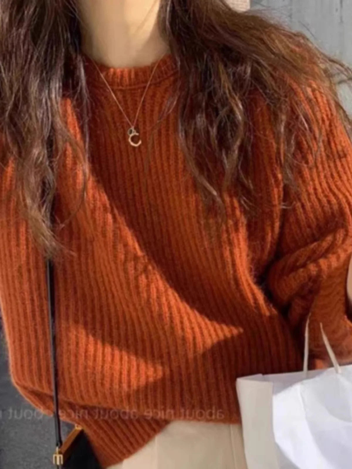 Damen Strickpullover Rundhals Lange Ärmel Rostrot