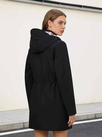 Black women's rain jacket with checked pattern, lined, windproof, breathable