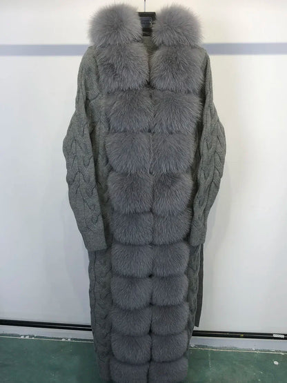 Long Knit Cardigan with Faux Fur Trim and Cable-Knit Pattern in Purple