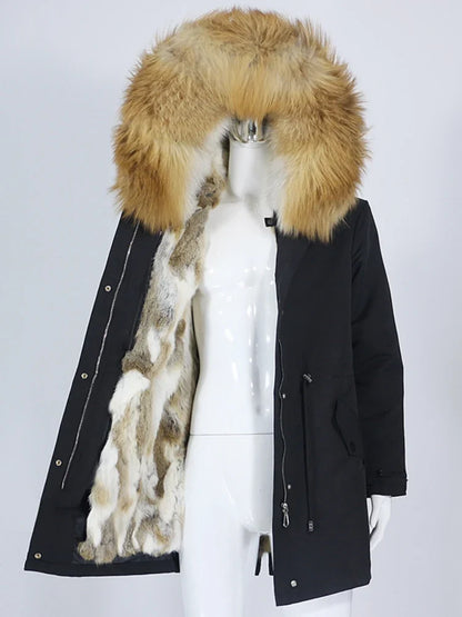 Women's winter parka with hood and fur trim, warm jacket, unisex