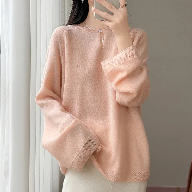 Women's Long-Sleeve Crewneck Sweater with Eyelet-Pattern Details