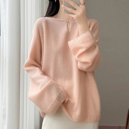 Women's Long-Sleeve Crewneck Sweater with Eyelet-Pattern Details