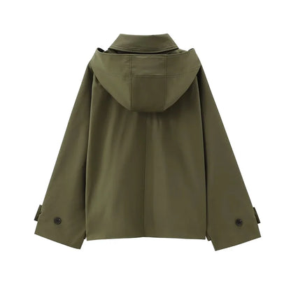 Kurze Jacke mit Kapuze für Damen, lockerer Schnitt, Khakigrün