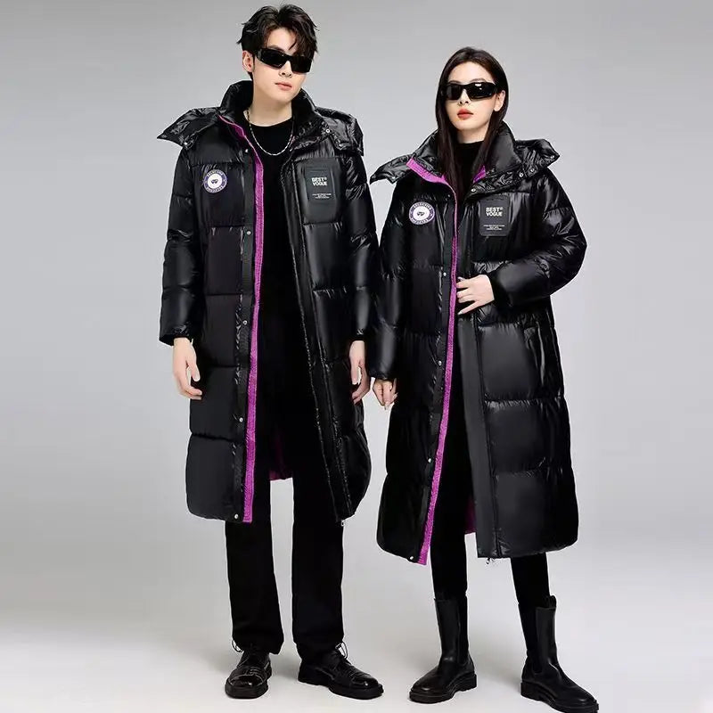 Unisex Long Black Puffer Coat with Hood