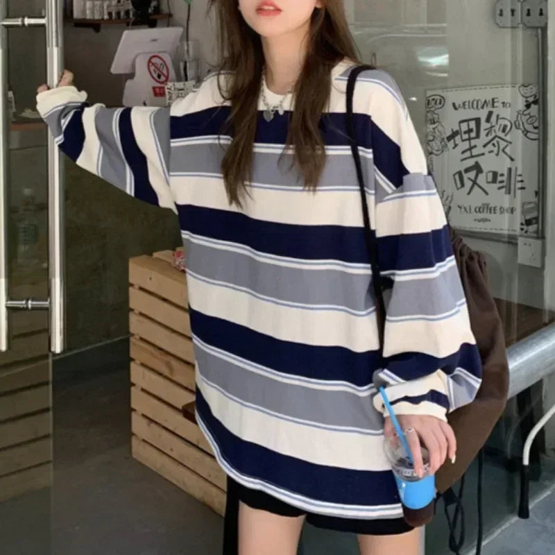 Women's striped oversized crew-neck long-sleeve shirt, casual top